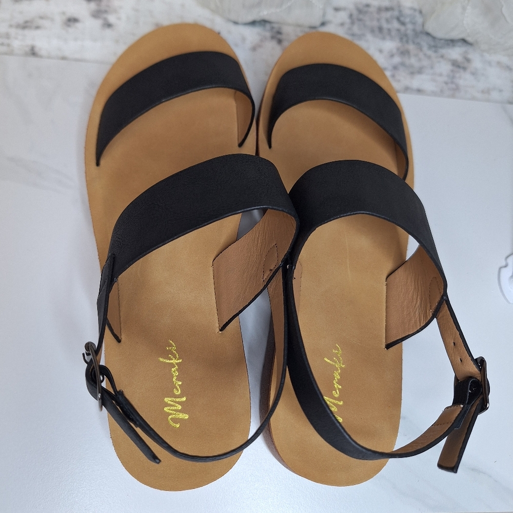 Meraki Strap Black Sandals with Tan Sole And Buckle Clouser Boutique - Picture 4 of 6